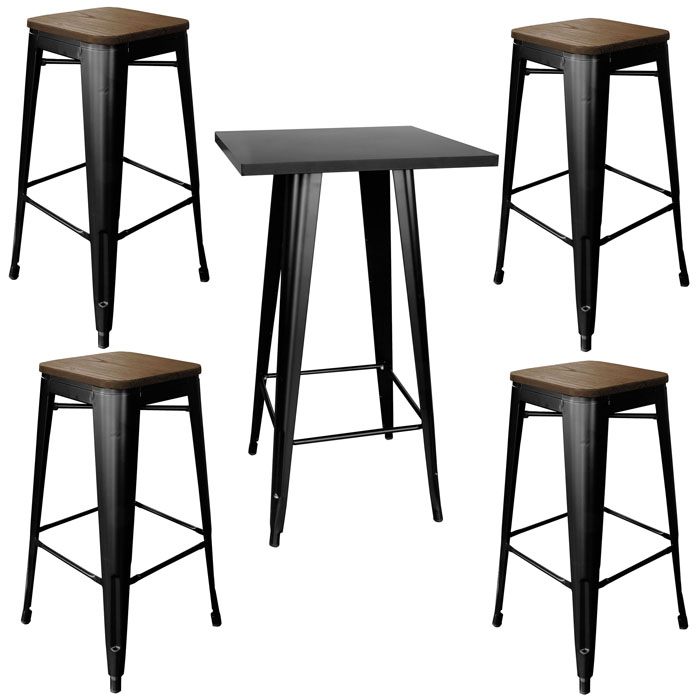 Loft Glossy Black Pub Set With Wood Top Bar Stools - 5 Piece