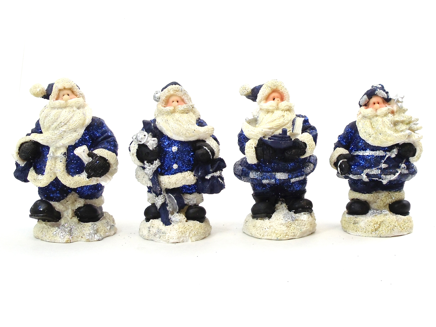 One Dozen 4" Blue Glitter Resin Santas In Four Assorted Models