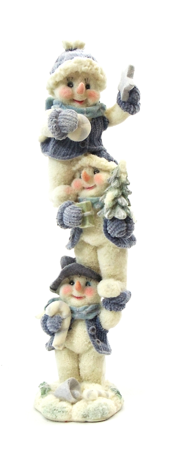 8" Blue Velvet Touch Resin Snowmen Tower - Holding Candy Cane