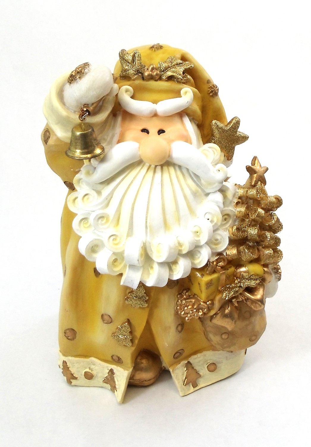 8" Curly Beard Golden Resin Santa With Bell