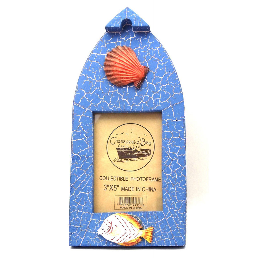 Chesapeake Bay Crafts Ltd. Wooden Boat Shaped 3" X 5" Blue Picture Frame With Fish & Shell Embellishments
