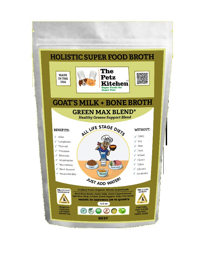 Goats Milk + Bone Broth Green Max Blend* Omega 3 & 6 Vitamin & Mineral Support* The Petz Kitchen Dog & Cat