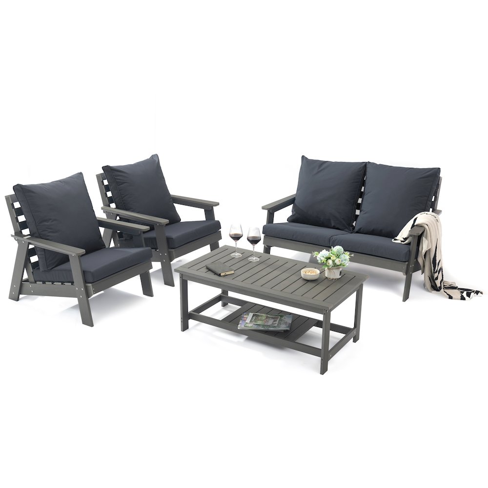 LeisureMod Alpine Poly Lumber 4-Piece Weather Resistant Patio Conversation Set Charcoal