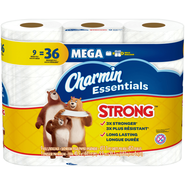 Essentials Strong Bathroom Tissue, Septic Safe, 1-Ply, White, 4 x 3.92, 451/Roll, 9 Roll/Pack, 4 Packs/Case