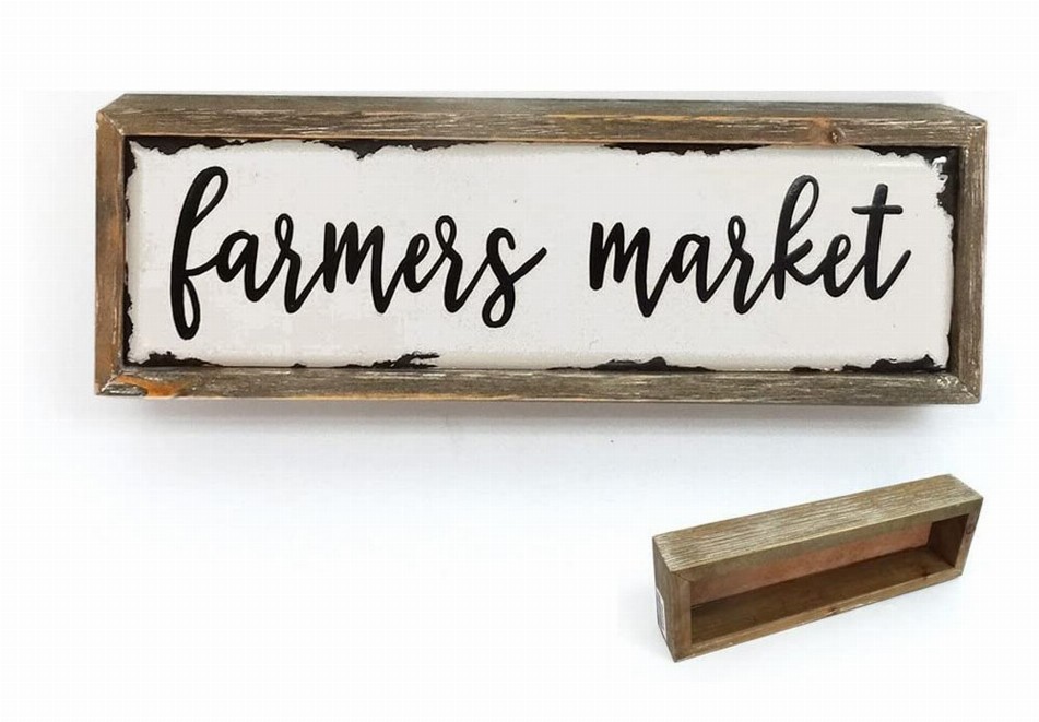 Vintage Farmers Market Wood Block Sign- Farmhouse Rustic Tabletop Decor- Weathered Wood Frame Enamel Finish- 12.2" W x 2" D x 3