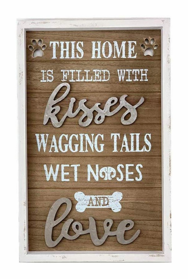 Vintage Wood Framed Wall Plaque with Dog Quote - This Home is Filled with Kisses Wagging Tails Wet Noses and Love- Farmhouse Rus