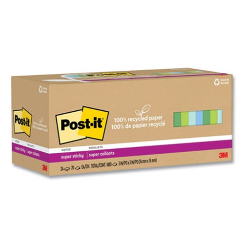 100% Recycled Paper Super Sticky Notes, 3" x 3", Oasis, 70 Sheets/Pad, 24 Pads/Pack