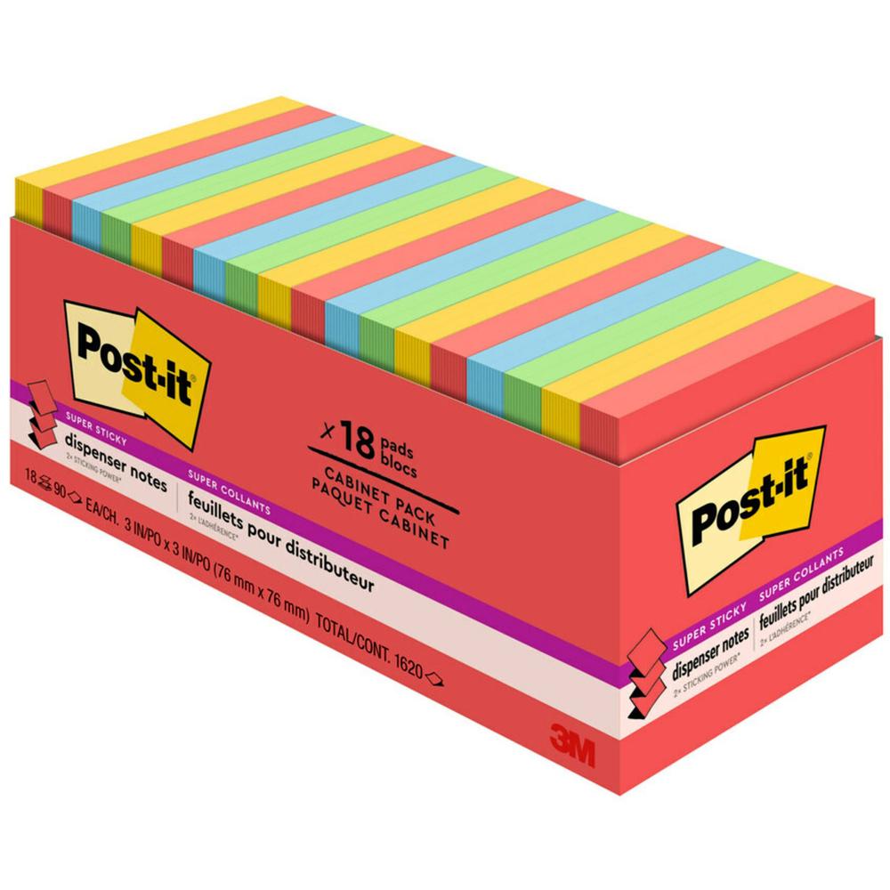 Post-it Super Sticky Dispenser Notes - Playful Primaries Color Collection - 3" x 3" - Square - Candy Apple Red, Blue Paradi