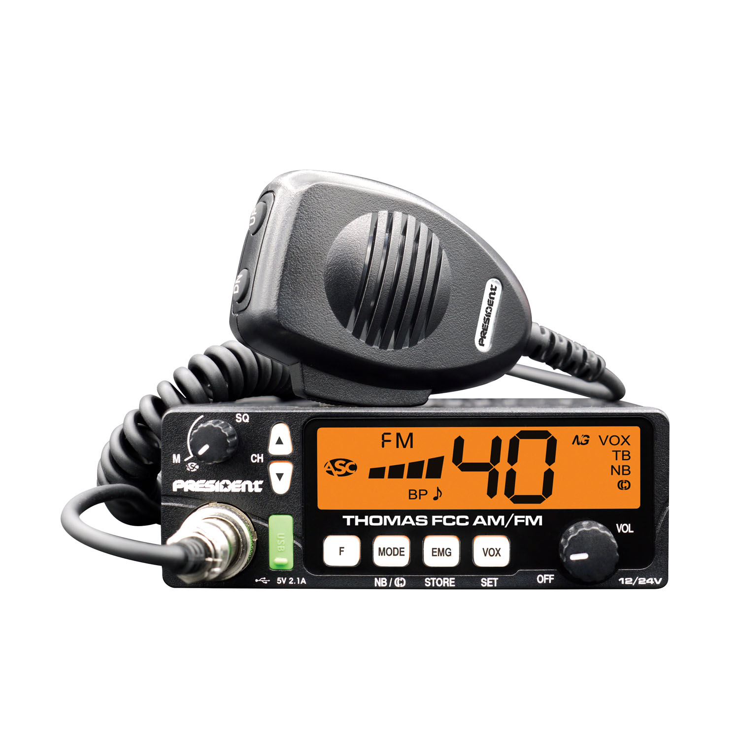 PRESIDENT - THOMAS FCC COMPACT 40 CHANNEL AM/FM CB RADIO WITH 7  COLOR PANEL, USB PORT & VOX