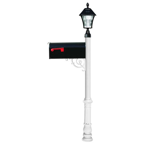 Lewiston Post (White) with Economy #1 Mailbox, Ornate Base, Black Solar Lamp