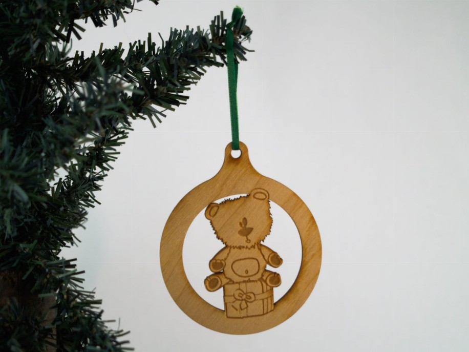Christmas Themed Unfinished Tree Ornament - Bear with Package