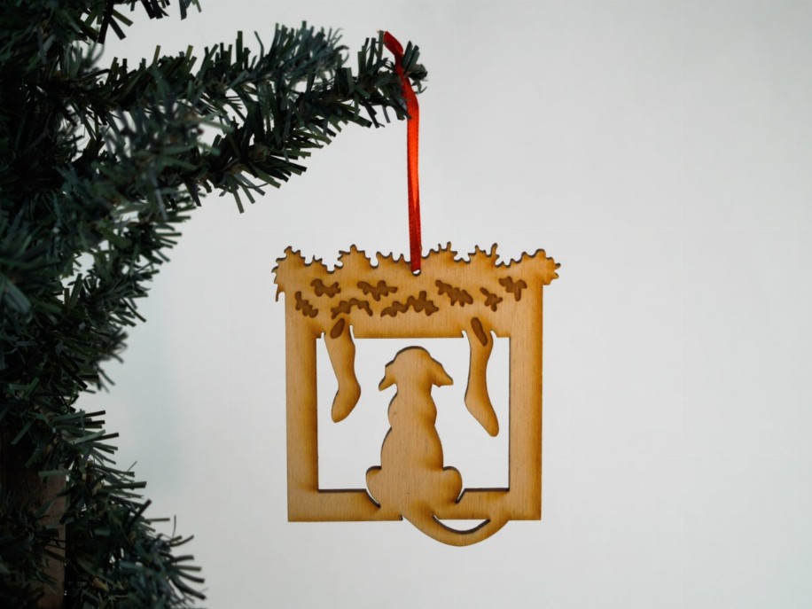 Christmas Themed Unfinished Tree Ornament - Dog with Fireplace