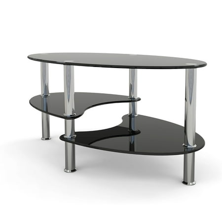 Ryan Rove Elm - Oval Two Tier Glass Coffee Table - Coffee Tables for Living Room, Kitchen, Bedroom and Office-Glass Shelves Unde