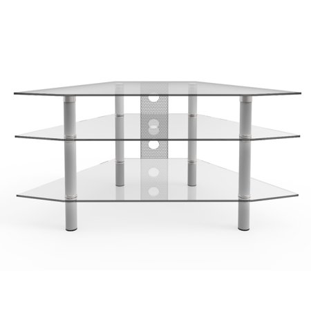 Ryan Rove Ruby Corner TV Stand with Cable Management - Wall Decor and Entertainment Center - 3-Tier Silver and Clear Glass Shelf