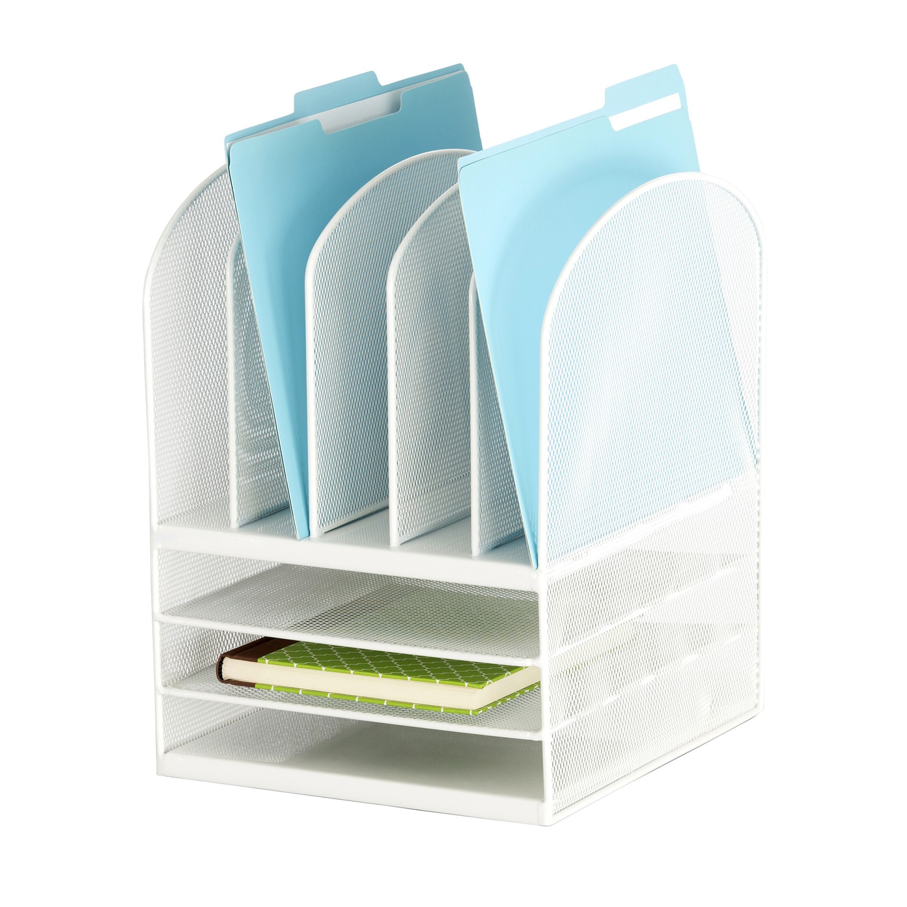 Onyx Mesh Desk Organizer with Five Vertical and Three Horizontal Sections, Letter Size Files, 11.5" x 9.5" x 13", White