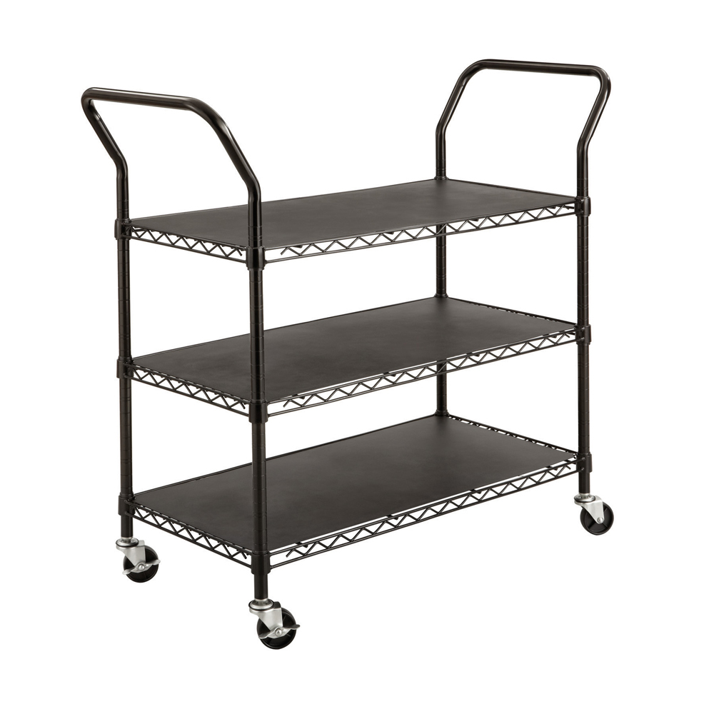 Wire Utility Cart, Metal, 3 Shelves, 600 lb Capacity, 43.75" x 19.25" x 40.5", Black