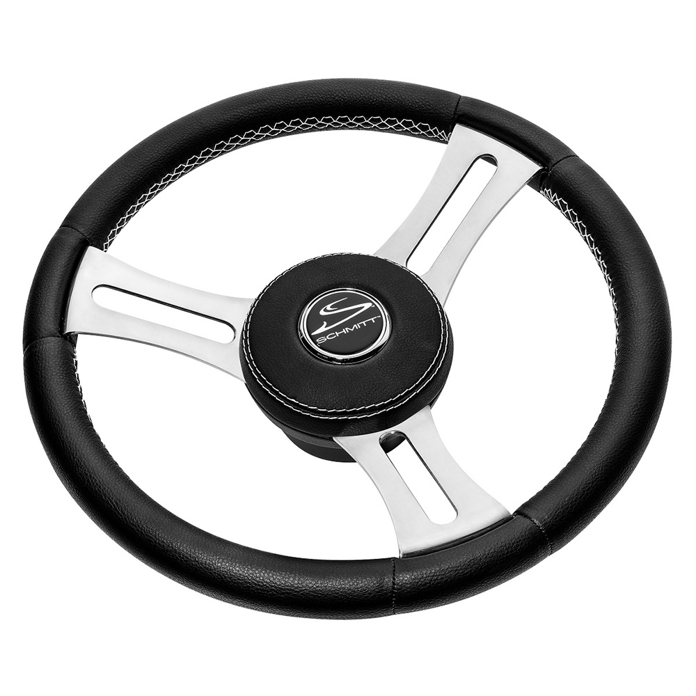 Schmitt Marine Torcello Elite 14" Wheel - Black Leather & Cap - White Stitching - Polished SS Spokes - 3/4" Tapered Shaft