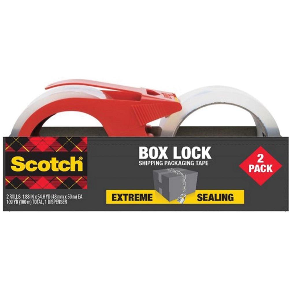 Scotch Box Lock Dispenser Packaging Tape - 55 yd Length x 1.88" Width - Dispenser Included - 2 / Pack - Clear