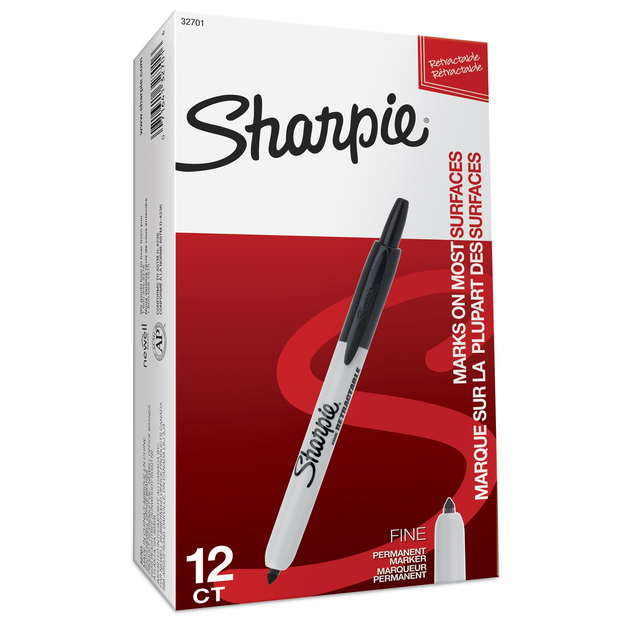 Sharpie Retractable Permanent Marker - Fine Marker Point - Retractable - Black - 1 Dozen
