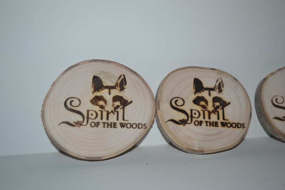 Wood Slice Magnets Set of 4 With Wood Burned Spirit of the Woods Logo - Birch