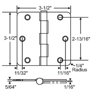 Door Hinge, 3-1/2"X3-1/2"X1/4" Radius Corners, Satin Brass, 14 Pair-Pack