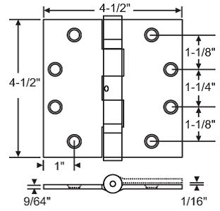 Ball Bearing Door Hinge, 4-1/2"X4-1/2"X Square Corners, Satin Chrome, 3 Sets Of 3-Pack