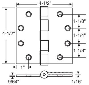 Ball Bearing Door Hinge, 4-1/2"X4-1/2"X Square Corners, Satin Chrome, 3 Sets Of 3-Pack