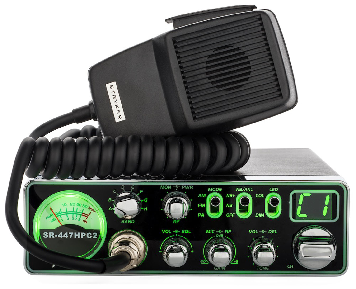 STRYKER 55 WATT AM/FM COMPACT 10 METER RADIO WITH 3 COLOR SELECTABLE FACE, RF POWER CONTROL & RF GAIN, VARIABLE DIMMER, VARIABLE