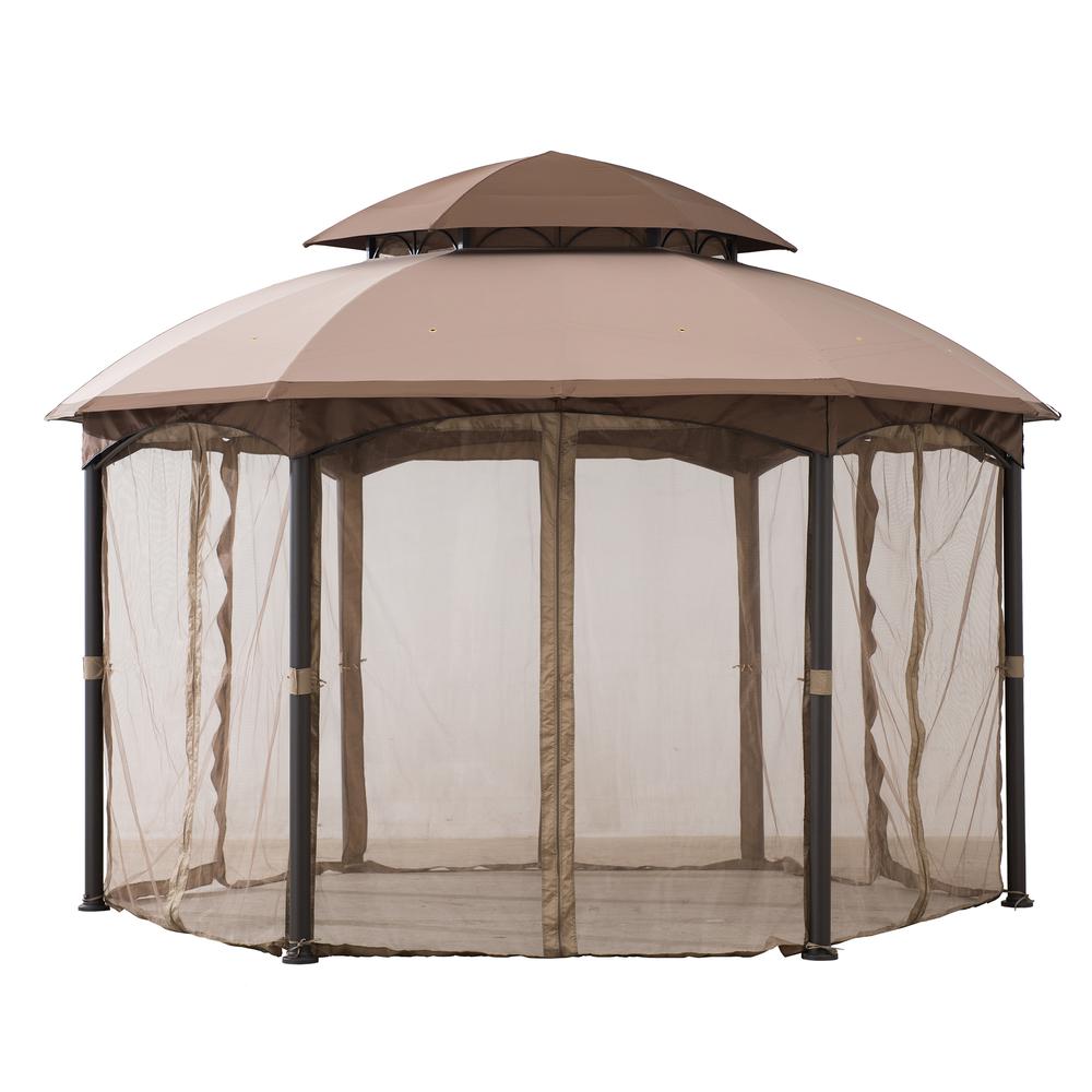 Sunjoy 13.5 ft. x 13.5 ft. Brown Steel Gazebo with 2-tier Tan and Brown Dome Canopy