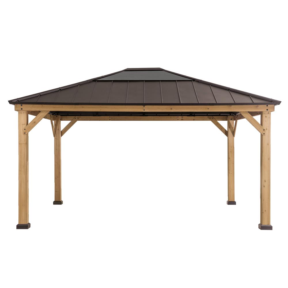 Sunjoy 13 ft. x 15 ft. Patio Cedar Framed Gazebo with Brown Steel and Polycarbonate Hip Roof Hardtop