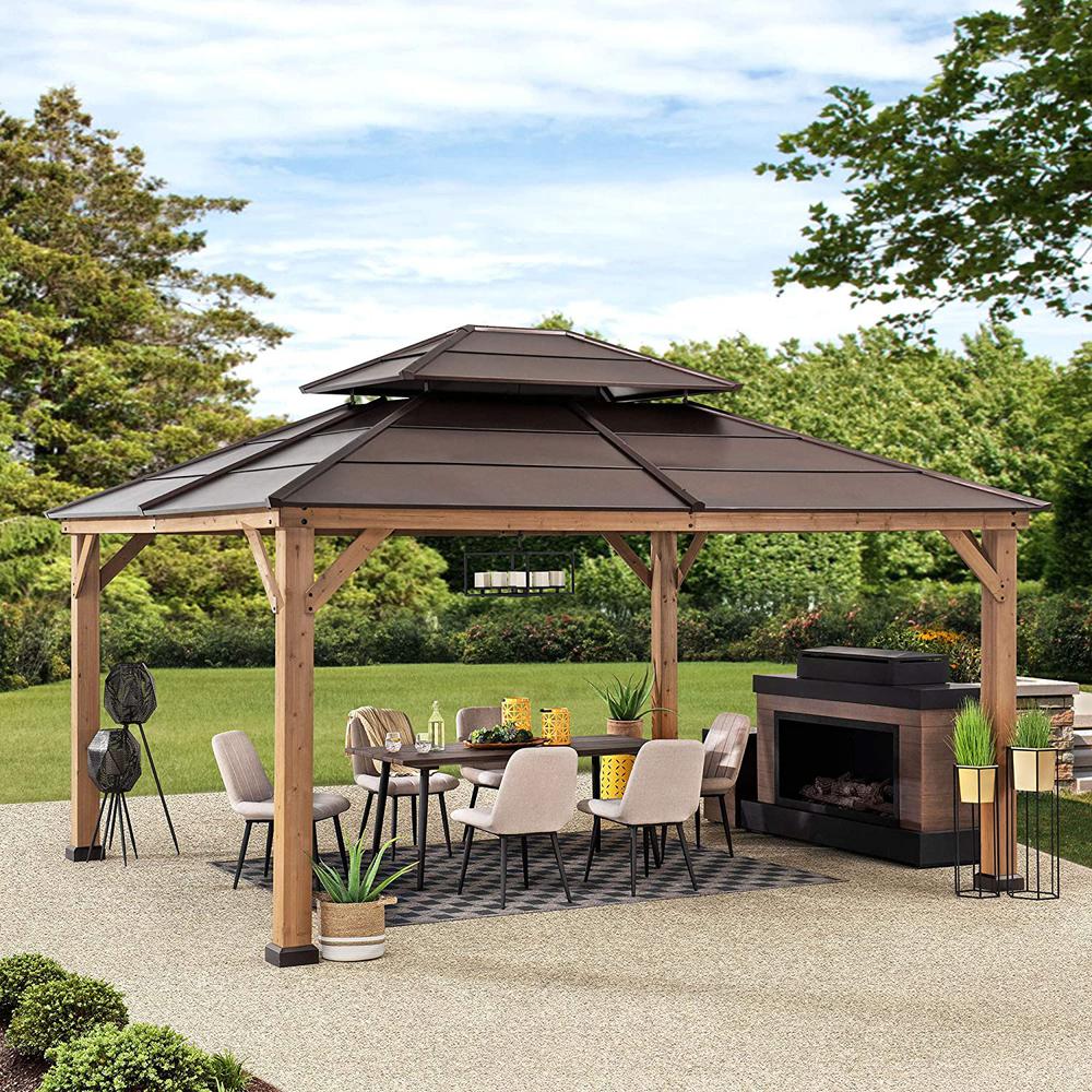 Sunjoy 13 ft. x 15 ft. Cedar Framed Gazebo with Brown Steel 2-tier Hip Roof Hardtop