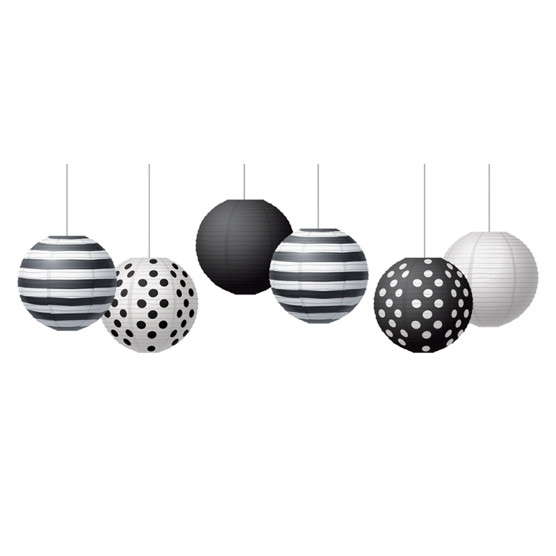 Black & White 8" Hanging Paper Lanterns, Pack of 6