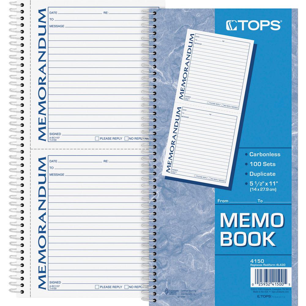 TOPS Memorandum Forms Book - 100 Sheet(s) - Spiral Bound - 2 PartCarbonless Copy - 5.50" x 5" Form Size - 5.50" x 11" Sheet Size