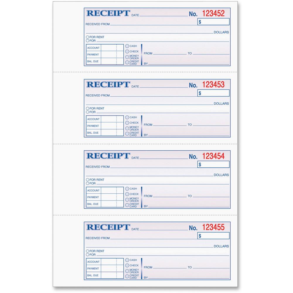 TOPS Money/Rent Receipt Book - 2 PartCarbonless Copy - 2.75" x 7.25" Sheet Size - Assorted Sheet(s) - Blue Print Color - 1 Each