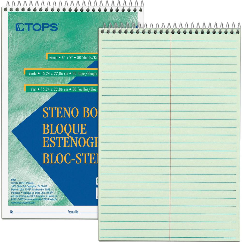 TOPS Steno Books - 80 Sheets - Wire Bound - Gregg Ruled Margin - 6" x 9" - Green Tint Paper - Snag Resistant, Acid-free, Heavywe