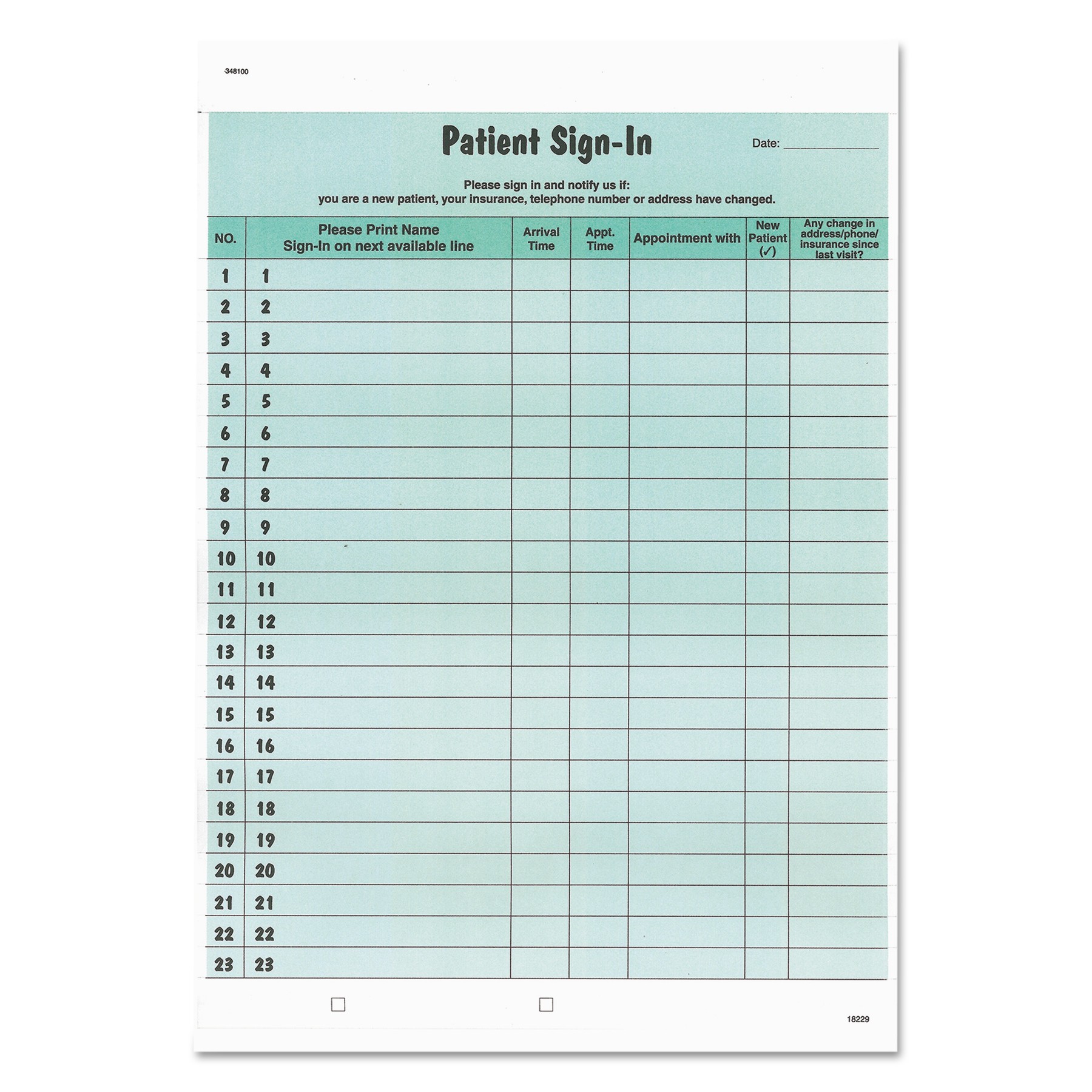 Tabbies Patient Sign-In Label Forms - 125 Sheet(s) - 11" x 8.50" Form Size - Letter - Green Sheet(s) - Paper - 125 / Pack