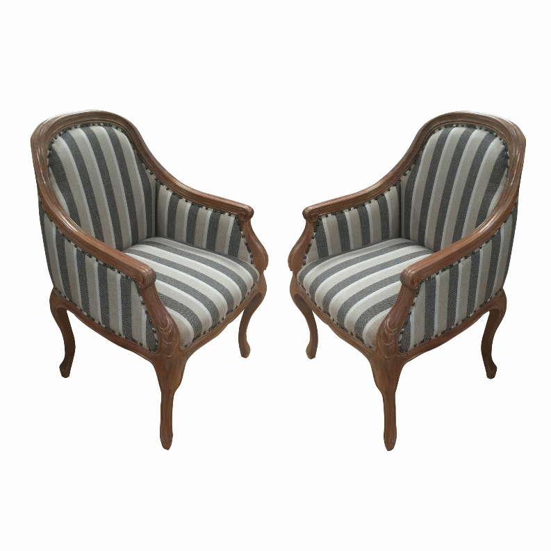 Upholstered Accent Armchair with Stripe Print and Nailhead trim, Set of 2, Gray and White