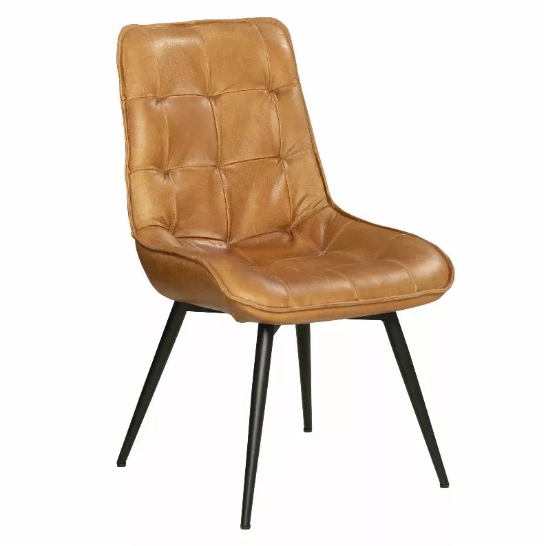 Wooden Accent Chair with Genuine Leather Seating and Tufted Back, Brown and Black