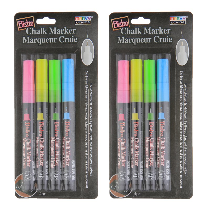 Bistro Chalk Markers, Extra Fine Tip 4-Color Set, Fluorescent Pink, Blue, Green, Yellow, 2 Sets