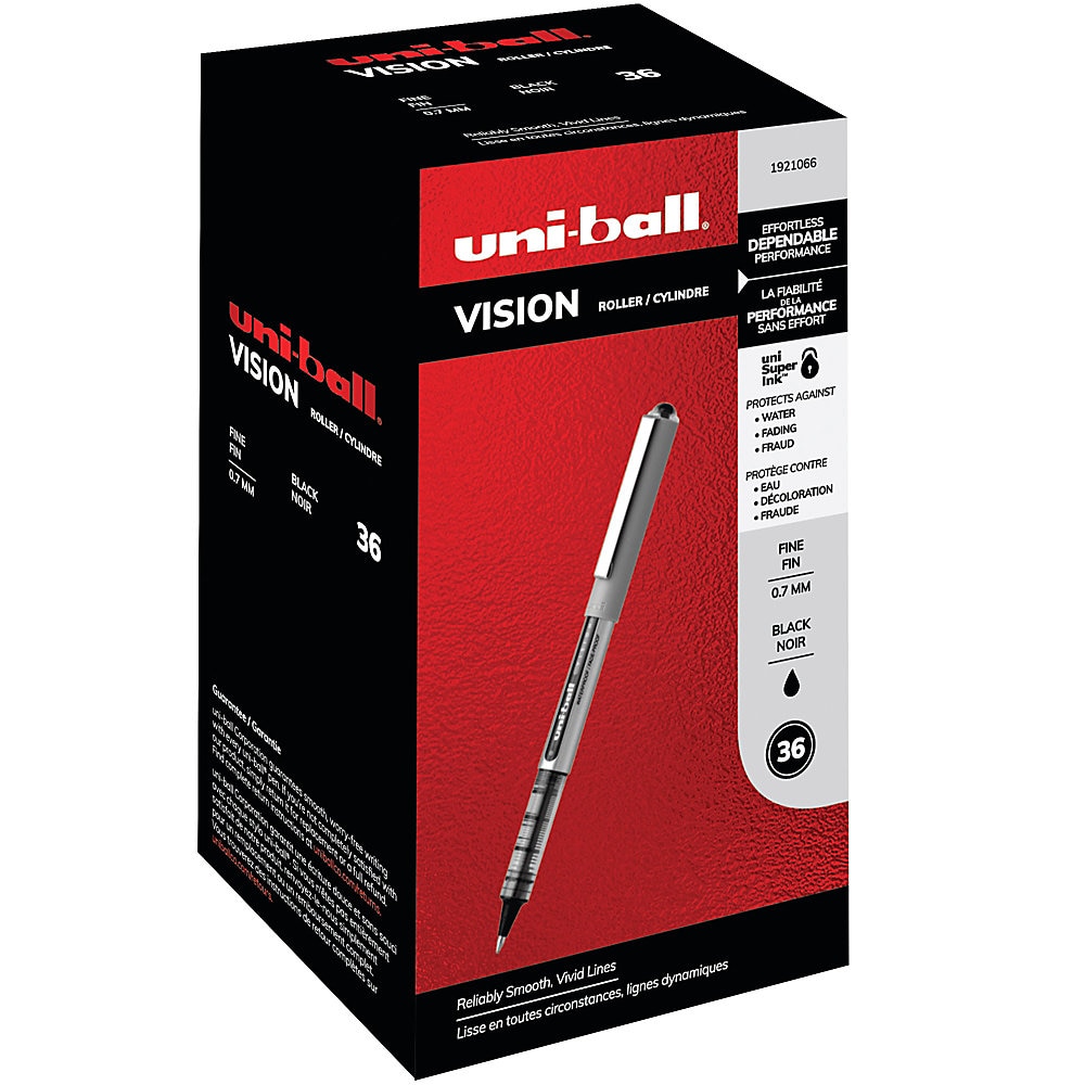 VISION Stick Roller Ball Pen, Fine 0.7mm, Black Ink, Silver Barrel, 36/Pack