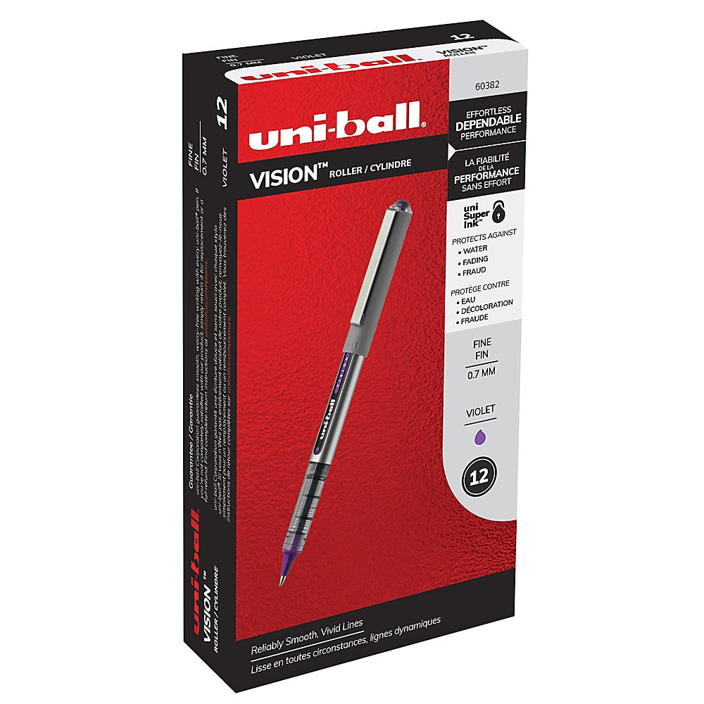 VISION Stick Roller Ball Pen, Fine 0.7mm, Majestic Purple Ink, Gray Barrel, Dozen