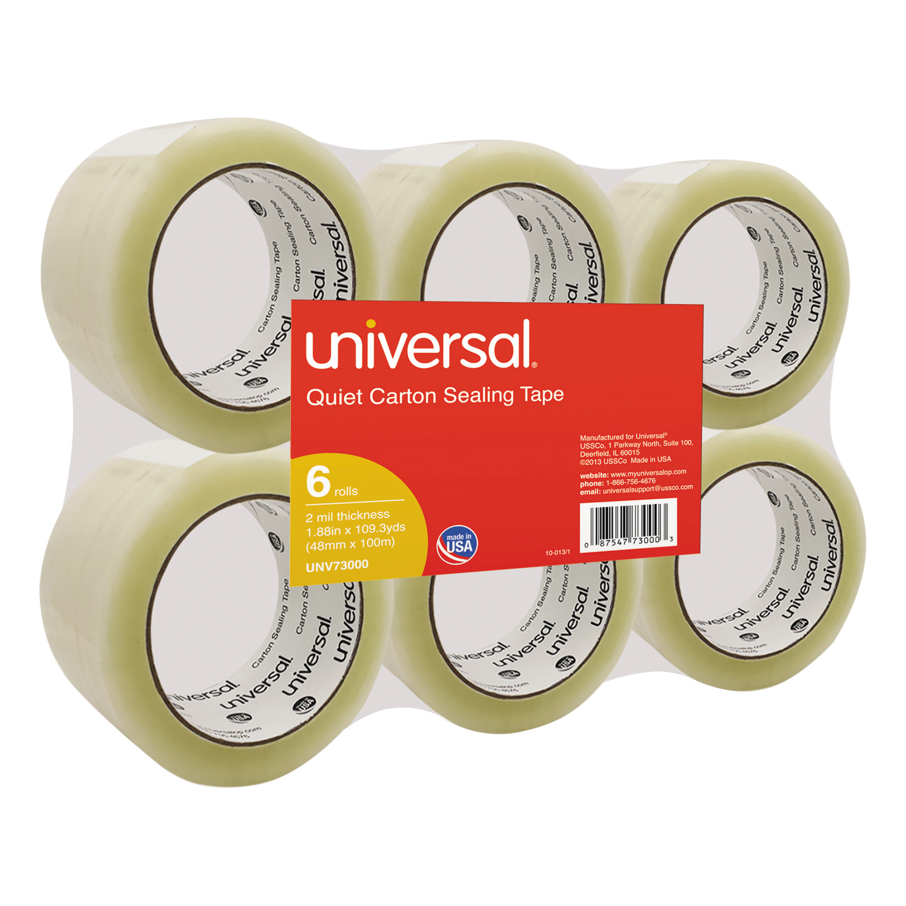 Quiet Tape Box Sealing Tape, 48mm x 100m, 3" Core, Clear, 6/Pack