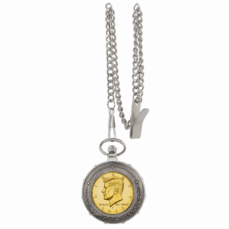 Gold-Layered JFK Half Dollar Train Coin Pocket Watch