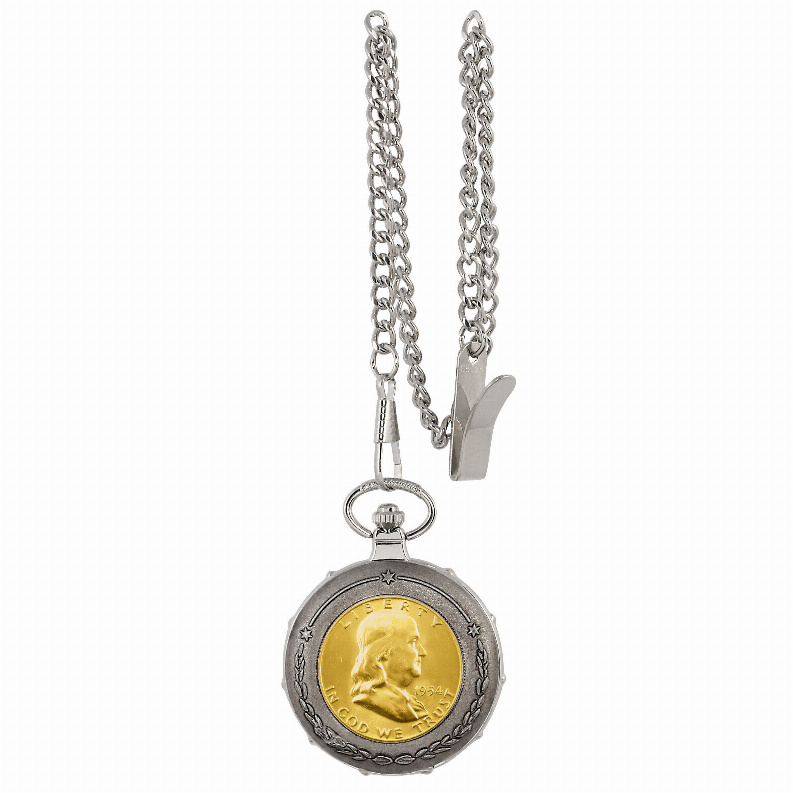Gold-Layered Silver Franklin Half Dollar Train Coin Pocket Watch
