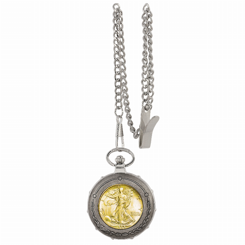 Gold-Layered Silver Walking Liberty Half Dollar Train Coin Pocket Watch