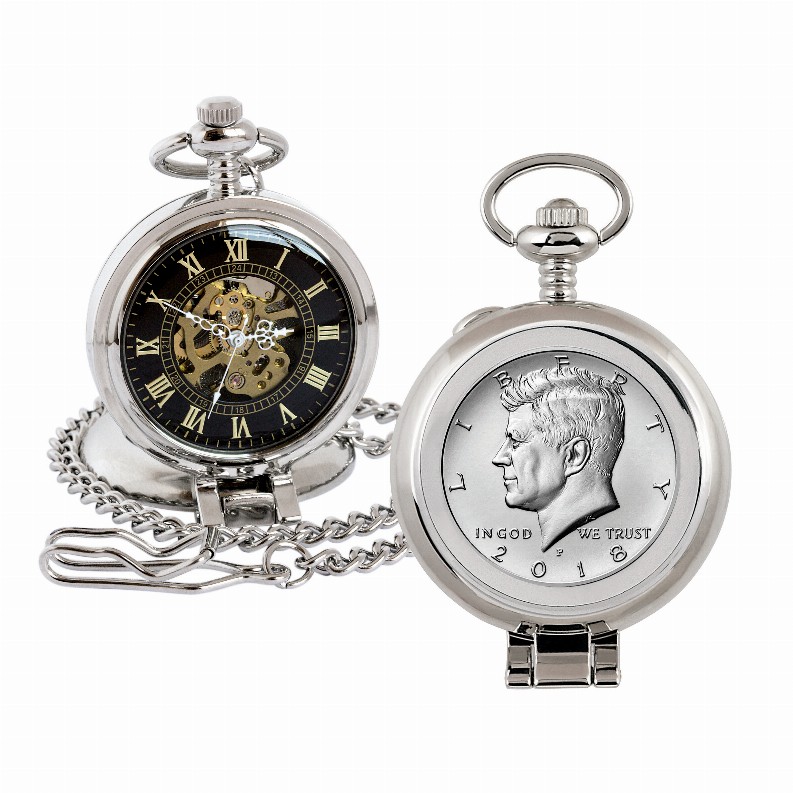 JFK Half Dollar Coin Pocket Watch with Skeleton Movement