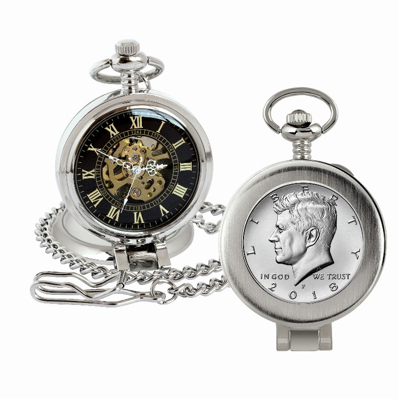 JFK Half Dollar Coin Pocket Watch with Skeleton Movement