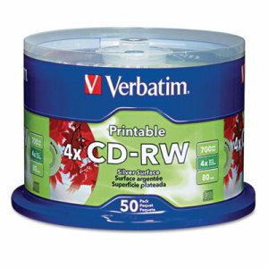 CD-RW Discs, Printable, 700MB/80min, 4x, Spindle, Silver, 50/Pack