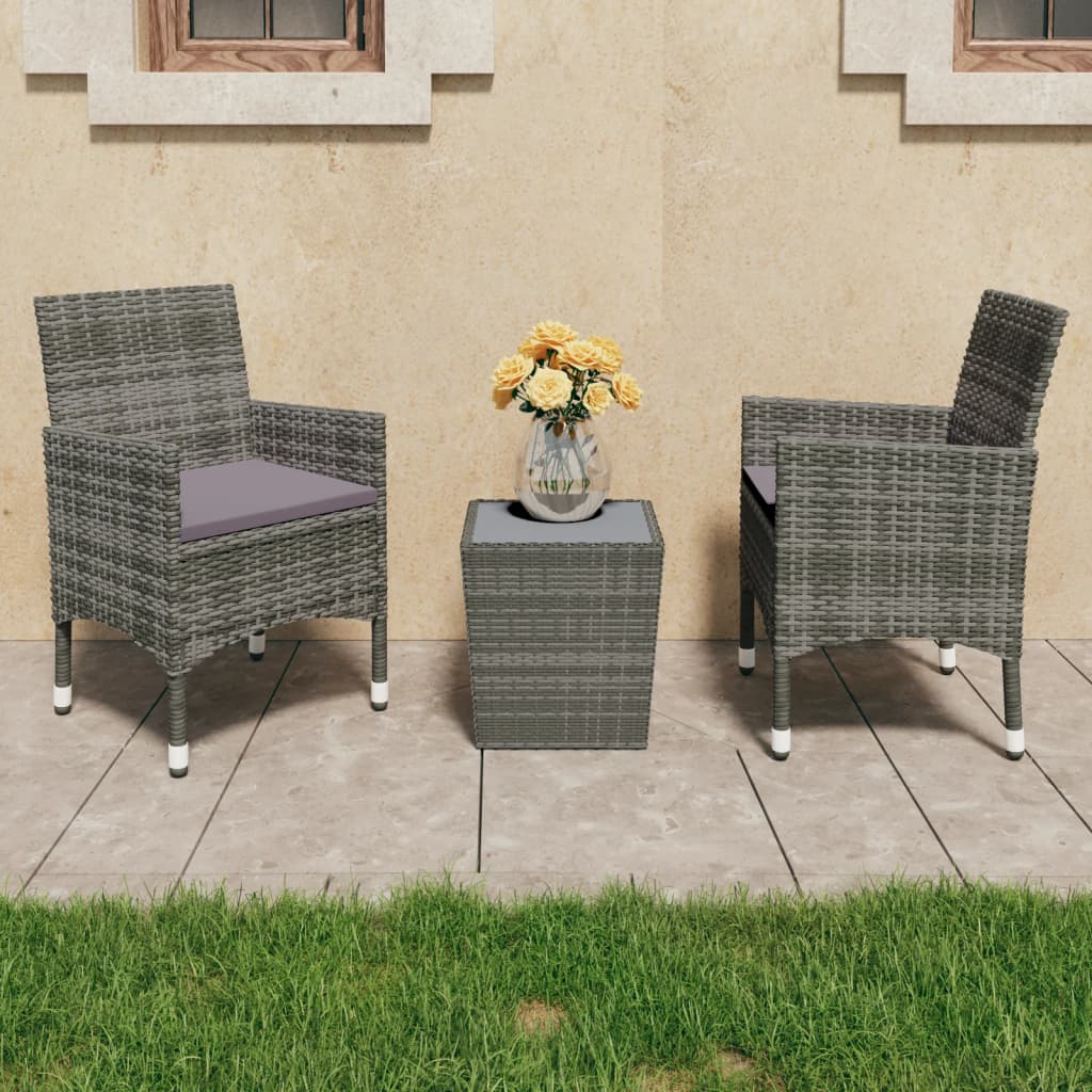 vidaXL 3 Piece Bistro Set Poly Rattan and Tempered Glass Gray