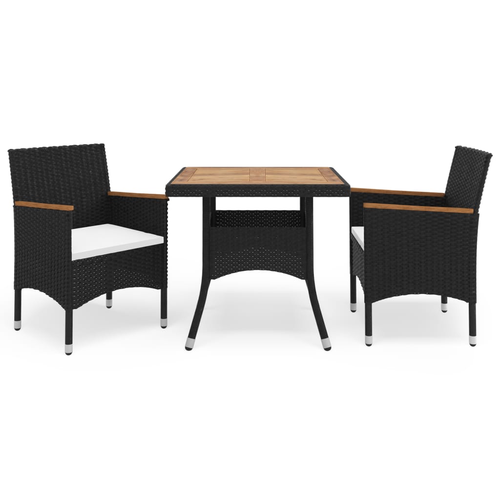 vidaXL 3 Piece Patio Dining Set Black Poly Rattan and Acacia Wood